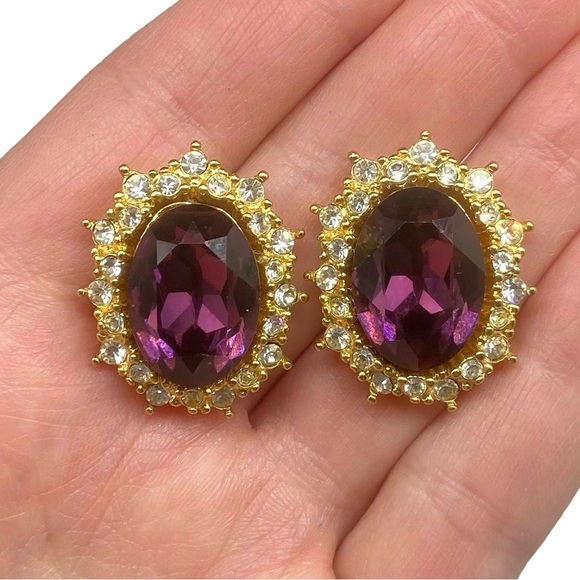 Vintage Christian Dior Pierced Style Purple Clear Rhinestone Gold Tone Earrings - Picture 1 of 10